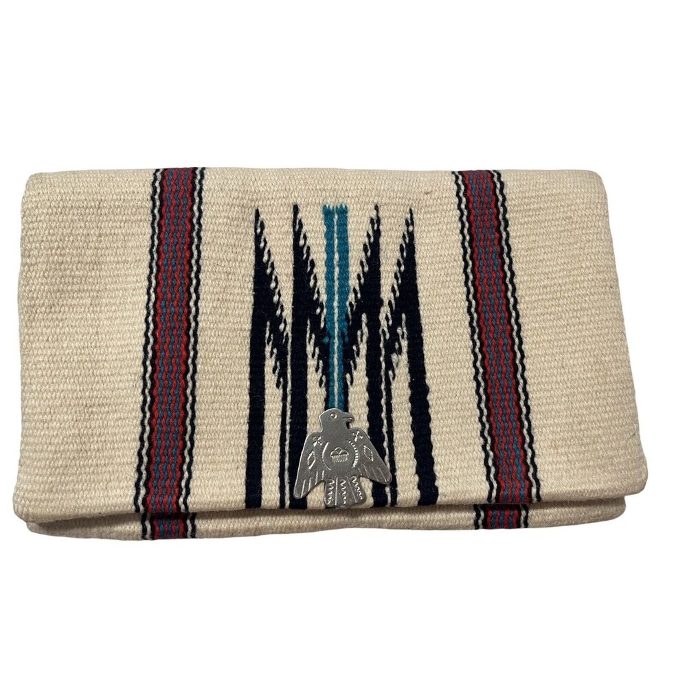 RARE Vintage Ganscraft Chimayo Wool Clutch Bag Silver Thunderbird BackHand Strap